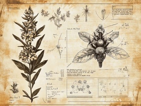 A comprehensive botanical illustration presents a detailed analysis of a plant, displaying its structure, leaves, flowers, and accompanying sketches, all on an aged parchment background.