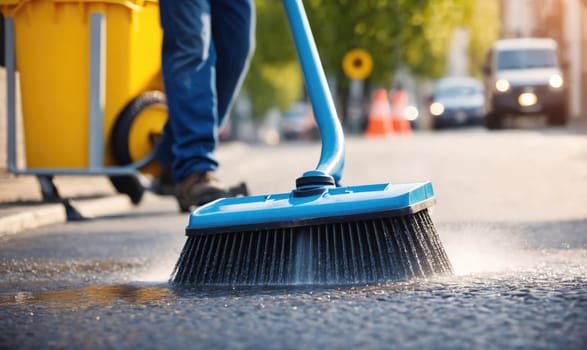 A street sweeper is cleaning a city street. The sweeper is using a blue brush and water to remove debris from the pavement.