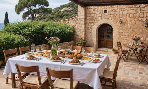 A table set for a meal is located on a patio with stone walls and a view of the sea. There are several chairs around the table, and the table is covered in a white tablecloth.
