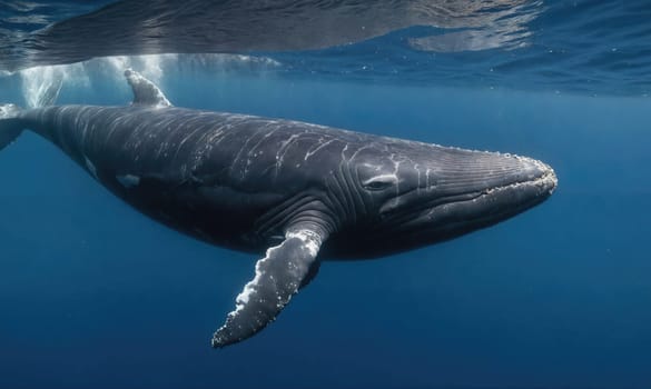 A humpback whale, viewed from slightly below the surface, swims through the ocean.