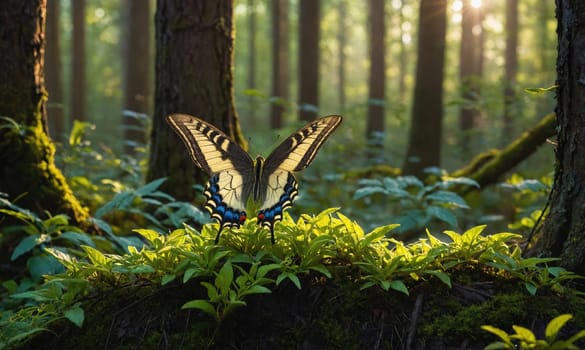 A swallowtail butterfly with black and yellow wings with blue accents is perched on a patch of green vegetation in a forest. The sun shines through the trees, creating a dappled light effect.