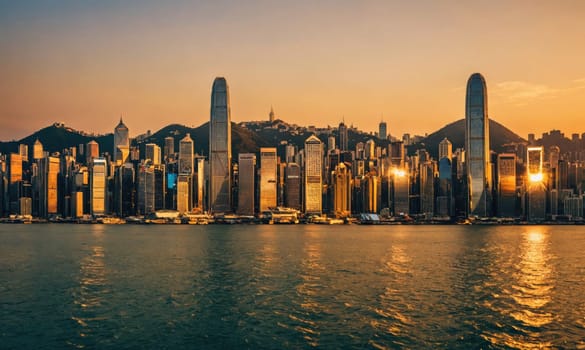 A wide shot of the Hong Kong skyline at sunset. The sun is setting behind the city, casting a warm, golden light on the skyscrapers. The water in the harbor is calm and reflects the light of the sky.
