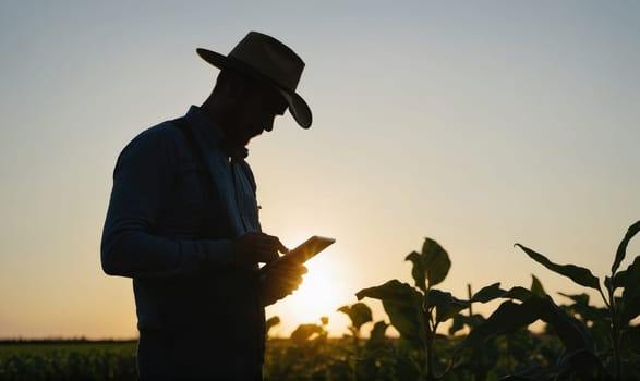 A silhouette of a farmer wearing a hat and overalls uses a tablet computer in a field of crops at sunset. The sun is setting in the background.