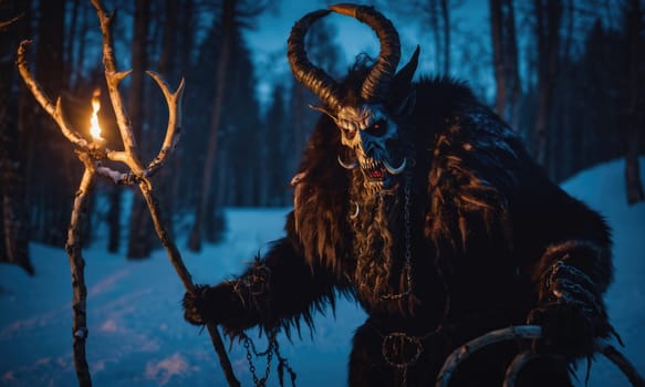 A figure in a dark, furry costume walks through a snowy forest at night. The figure has horns and a skull mask, and is holding a burning torch. The figure's eyes are glowing