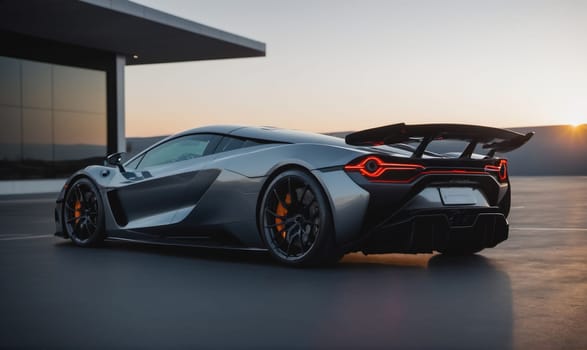 A silver sports car with a large rear wing and red taillights is parked on a paved lot in front of a modern building. The sun is setting in the background, casting a warm glow on the scene.