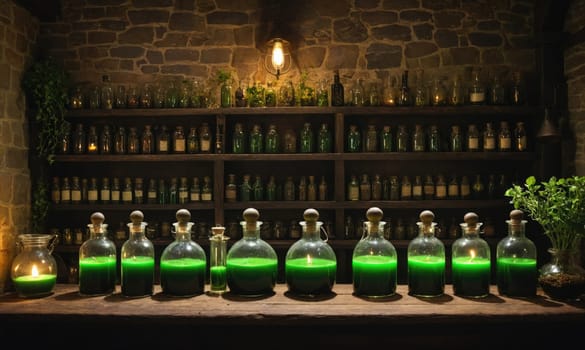 A rustic, dimly lit room with shelves filled with glass vials and potion bottles