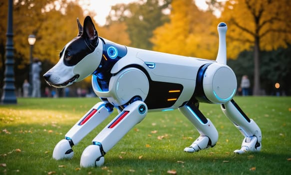 A white, black, and blue robotic dog, with a tail that resembles a periscope, walks on a green grassy lawn. The dog's joints are visible, and it appears to be moving its legs in a natural way