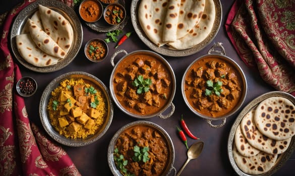 A variety of Indian dishes are arranged on a table, including several curries, rice, and naan bread