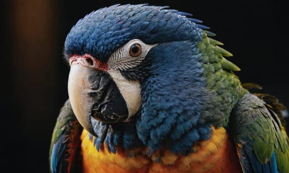 A close-up portrait of a blue and gold macaw, its head and neck are in focus, while the background is blurred