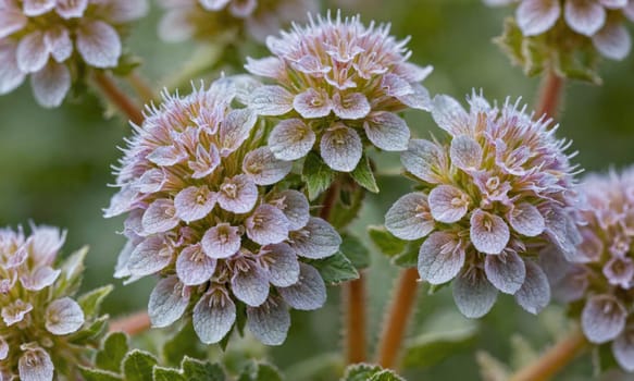 A close-up of a cluster of light purple flowers with small green leaves blooming on a green stem.