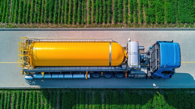 Large yellow fuel tanker truck on rural road surrounded by green fields.