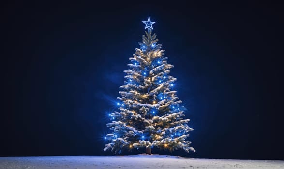 A snow-covered Christmas tree stands tall in the center of the image. The tree is adorned with blue lights and a star on top. The background is a dark blue sky.
