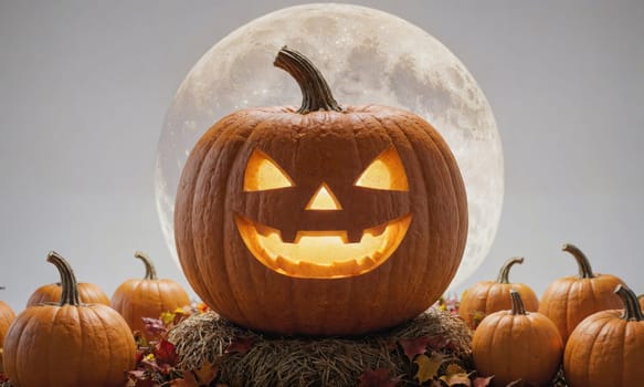 A lit jack-o'-lantern with a wide grin sits in the center of a group of pumpkins, illuminated by a full moon hanging in the background.