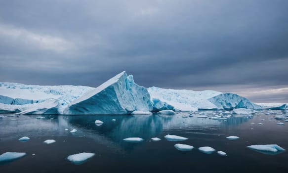 A large iceberg, with a distinctive, jagged peak, stands out against a backdrop of smaller icebergs and a cloudy sky. The iceberg is surrounded by calm, still water, reflecting its blue tones.