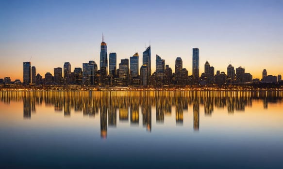 A panoramic view of the Seattle skyline at sunrise, showing the city's skyscrapers reflected in the water.