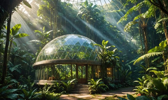 A glass dome greenhouse structure stands in the middle of a tropical garden. The dome is made of many glass panels and has a wooden base. The garden is full of tall trees and other plants