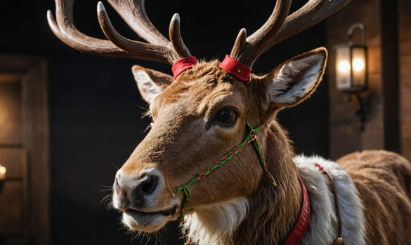 A reindeer with large antlers stands in a dimly lit room. The reindeer is wearing a red and green harness and has a white patch of fur on its neck.