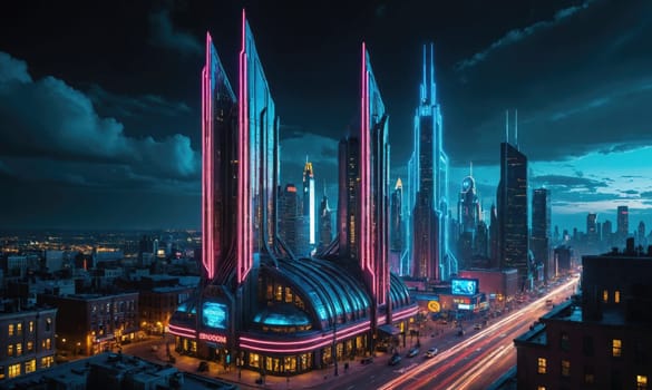 A night view of a city with tall buildings lit with neon lights, a busy street below with cars driving, and clouds in the sky.