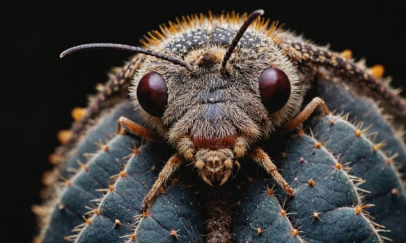 A macro photograph of a small, hairy insect with prominent black eyes resting on a prickly cactus leaf.
