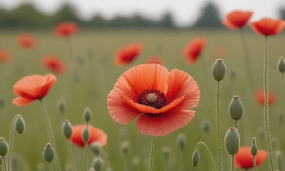 A close-up shot of a poppy flower in full bloom, surrounded by other poppies and buds. The background is a blurry green field.