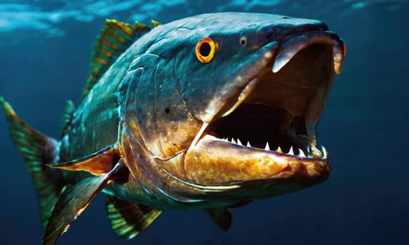 A close-up of a large, blue and gold fish with sharp teeth swimming in the ocean. The fish's mouth is open, revealing its sharp teeth. The fish's body is covered in scales.
