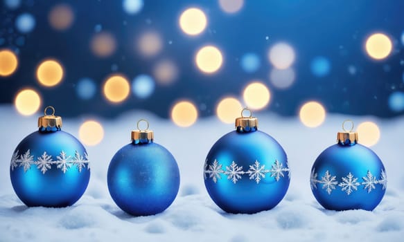 Four blue Christmas ornaments, adorned with white snowflakes, rest on a snowy surface. The ornaments are arranged in a row, with a blurred background of warm, golden lights.