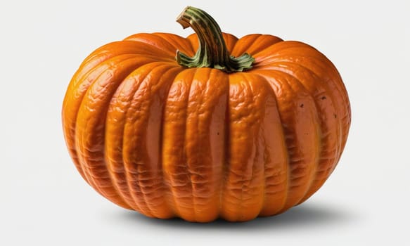 A single, small, orange pumpkin with a green stem is isolated on a white background.