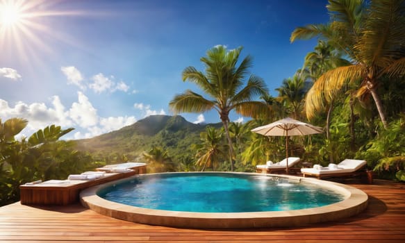 A round pool with clear blue water is surrounded by tall palm trees and lush green vegetation. In the background, a mountain range is visible