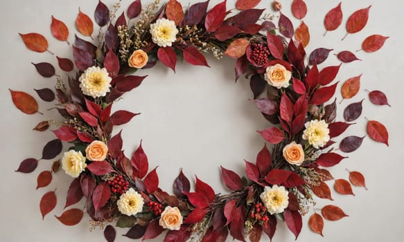 A wreath made of red leaves and white flowers is arranged on a light grey background. Loose red leaves are scattered around the wreath.