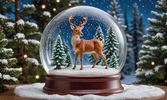 A snow globe with a deer inside sits on a snowy surface in front of a snowy evergreen tree