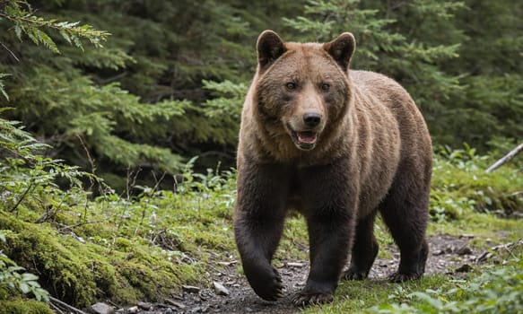 A large brown bear walks through a forest, with green trees and lush vegetation in the background. The bear is walking towards the camera, and its fur is visible in the sunlight.