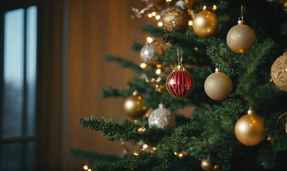 A close-up shot of a Christmas tree decorated with gold and silver ornaments, and string lights. A red ornament with a gold border hangs from the branch.