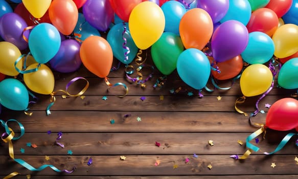 A wooden floor with a scattering of colorful balloons and ribbons. Some of the balloons are inflated, while others are deflated. There are also small, star-shaped confetti scattered across the floor.