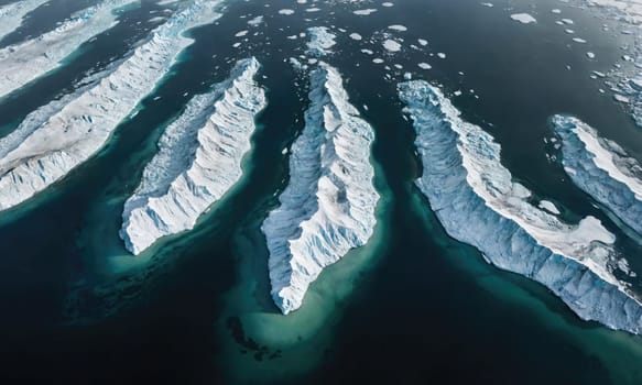 An aerial view of the Arctic Ocean, showing four long, narrow islands covered in snow. The water between the islands is a deep blue, and there are patches of ice floating in the water.