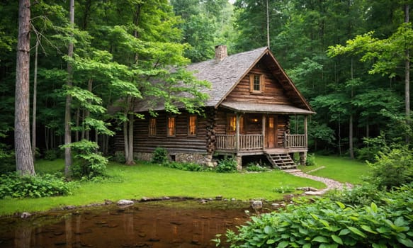 A log cabin with a porch and a wooden roof sits in a forest. The cabin is made of logs and has windows and a door. The cabin is surrounded by green trees and bushes
