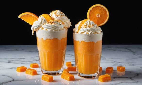 Two tall glasses filled with orange smoothies are topped with whipped cream and a slice of orange. The smoothies are sitting on a marble surface, with a few orange-flavored candies scattered around.