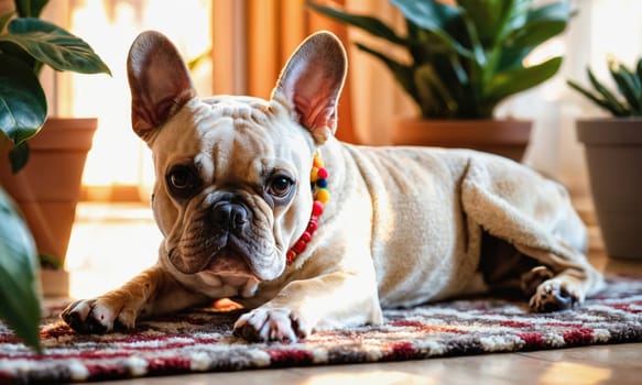 A French Bulldog lies on a colorful rug in the sunlight. It is near a window, and there is a plant in a pot to the left of the dog.