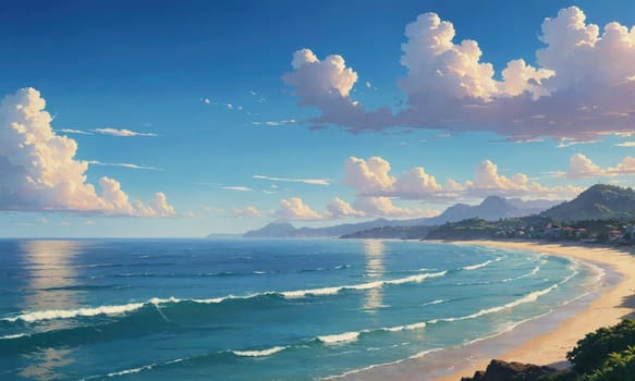 The image shows a sandy beach with blue water and white fluffy clouds in the sky. The ocean waves gently roll toward the shore.