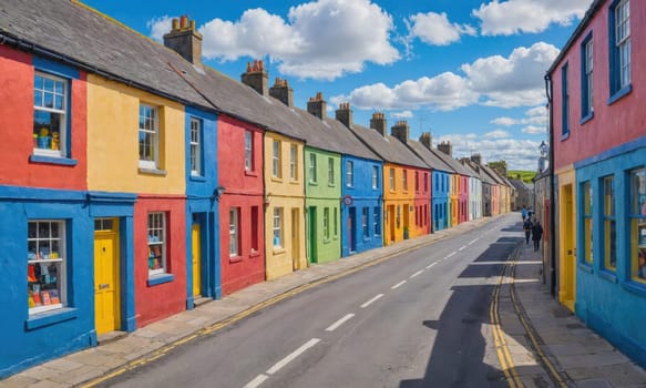 A street lined with houses painted in various bright colors, including red, yellow, blue, green, and orange, under a clear blue sky with fluffy white clouds.