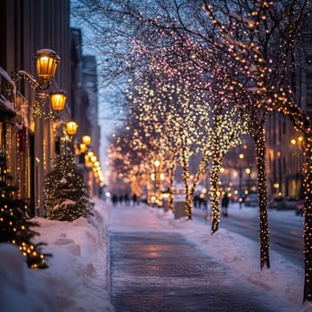 A serene winter evening shows a snow-covered sidewalk lined with glowing trees and lampposts, inviting evening walkers to enjoy the festive ambiance.