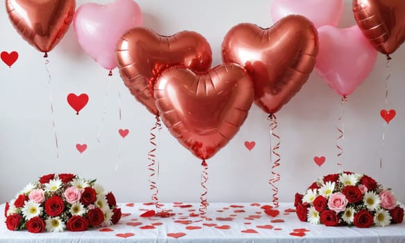 A table is decorated for a special occasion with several large, heart-shaped balloons in shades of red and pink