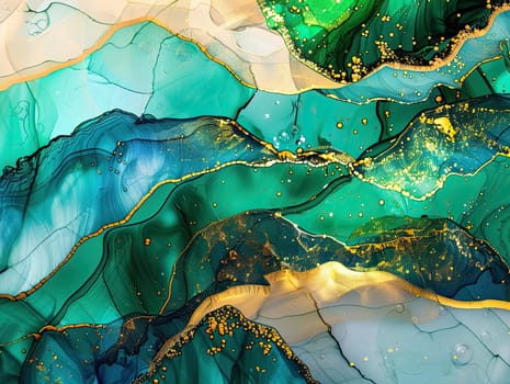 A stunning artwork showcases flowing layers of green and blue with striking gold highlights, creating a harmonious composition that inspires peace and creativity.