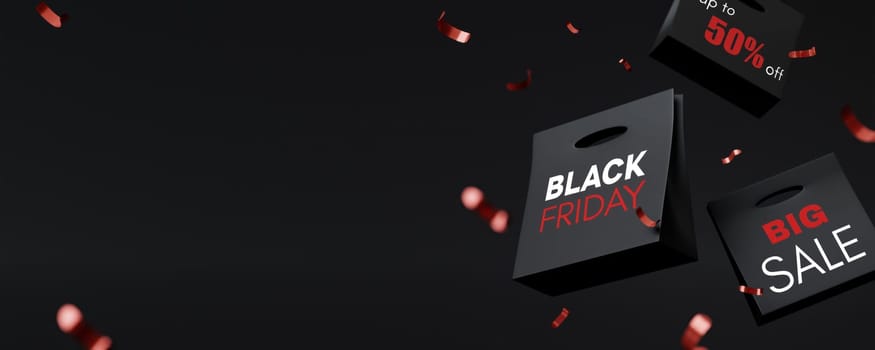 A 3D render featuring Black Friday shopping bags with bold sale announcements, complemented by festive confetti, emphasizing modern retail and promotional trends