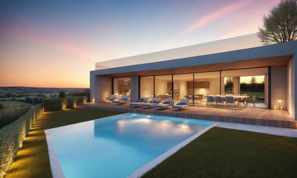 A contemporary home with a large pool and a patio is situated on a hilltop. The house has large windows that offer views of a valley in the distance