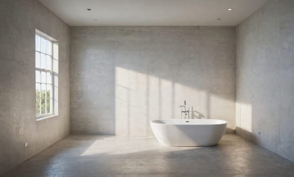 A modern, minimalist bathroom with white walls and a concrete floor. A freestanding bathtub sits in the corner, with sunlight streaming in through a large window