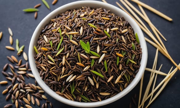 A white bowl filled with wild rice is shown on a black surface. Green shoots are mixed in with the rice. Wooden sticks are scattered around the bowl.