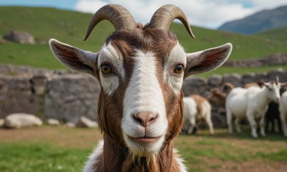 A close-up of a goat's face, its brown and white fur contrasting with the green grass behind it