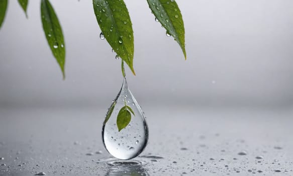 A large water drop hangs from a leaf, about to fall. The surface below it is covered in smaller water droplets.