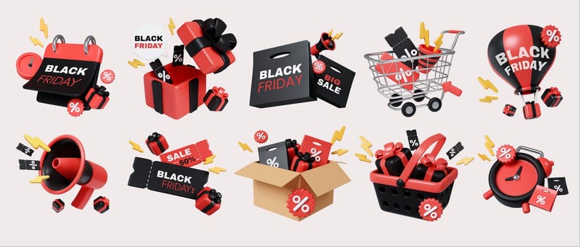 3D render of vibrant Black Friday elements like shopping carts, gift boxes, and sale labels, perfect for highlighting shopping events and promotions