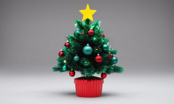 A small, artificial Christmas tree decorated with green and red ornaments and a yellow star on top, sits in a red pot against a gray background.